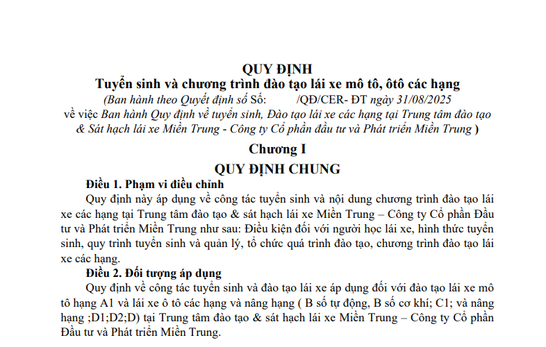 Quy chế tuyển sinh và chương trình đào tạo lái xe năm 2025
